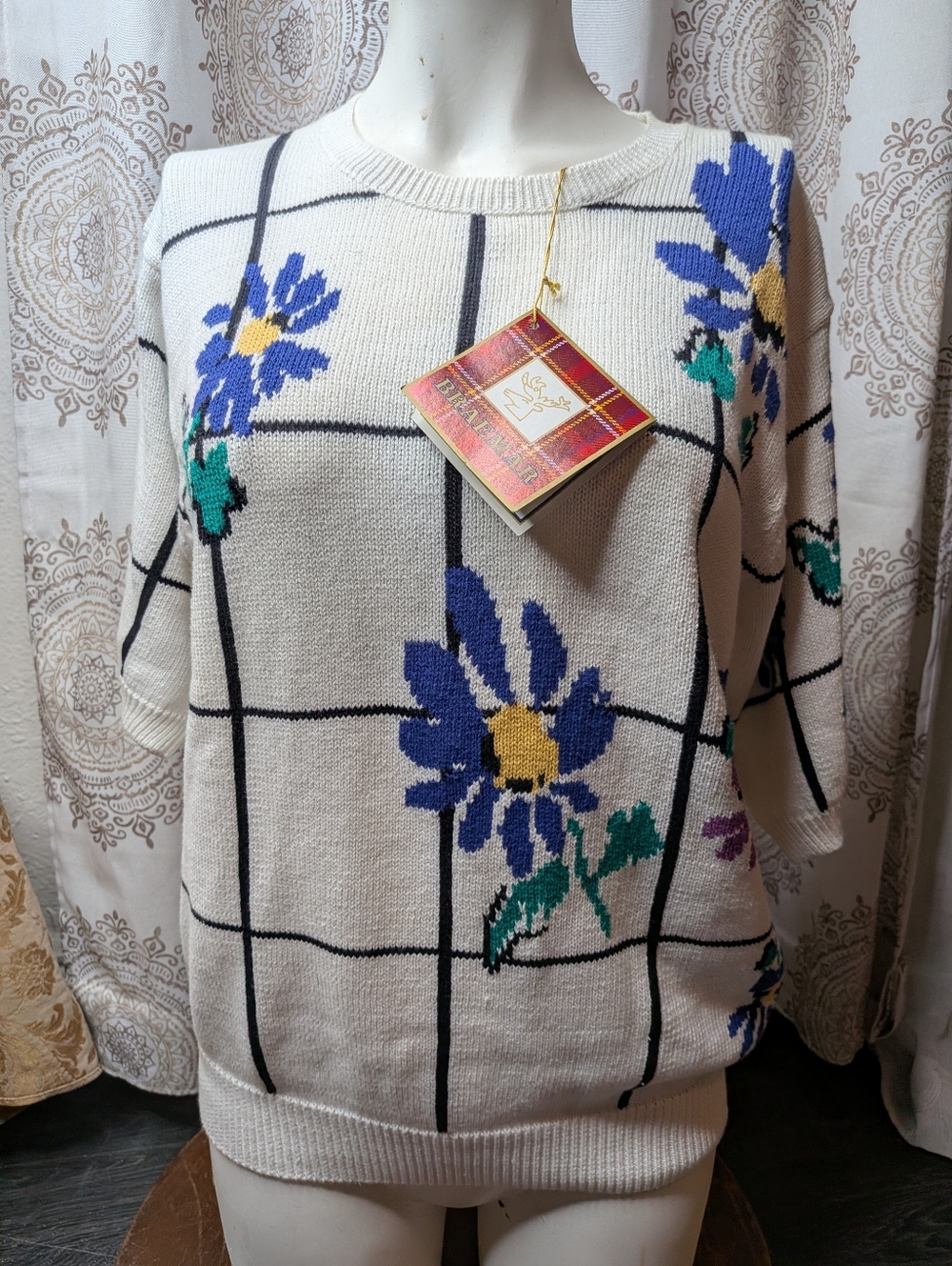 NWT Vintage Braemar Short Sleeve Geometric Floral Ladies Cotton Sweater Size M